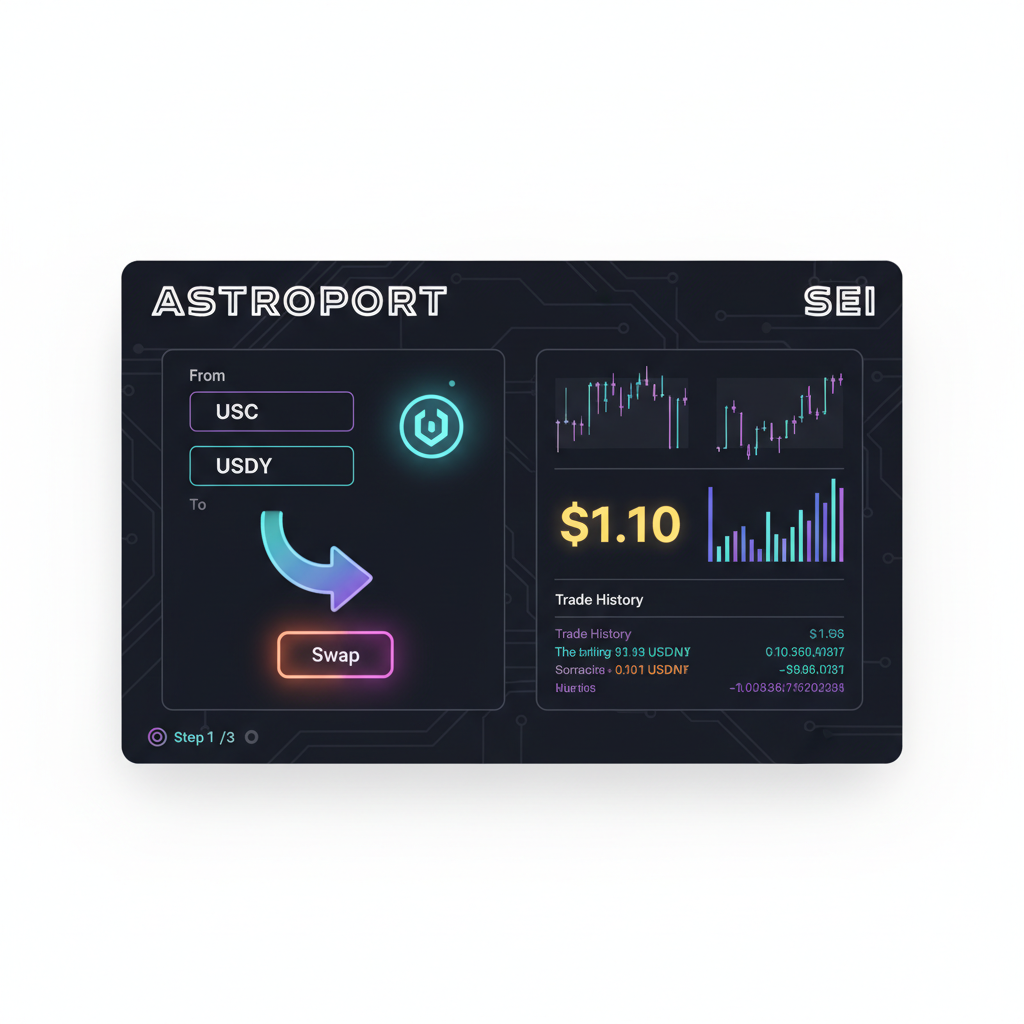 Dynamic DEX swap screen Astroport on Sei, USDY token glowing, USDC to USDY trade, charts with $1.10 price, neon effects