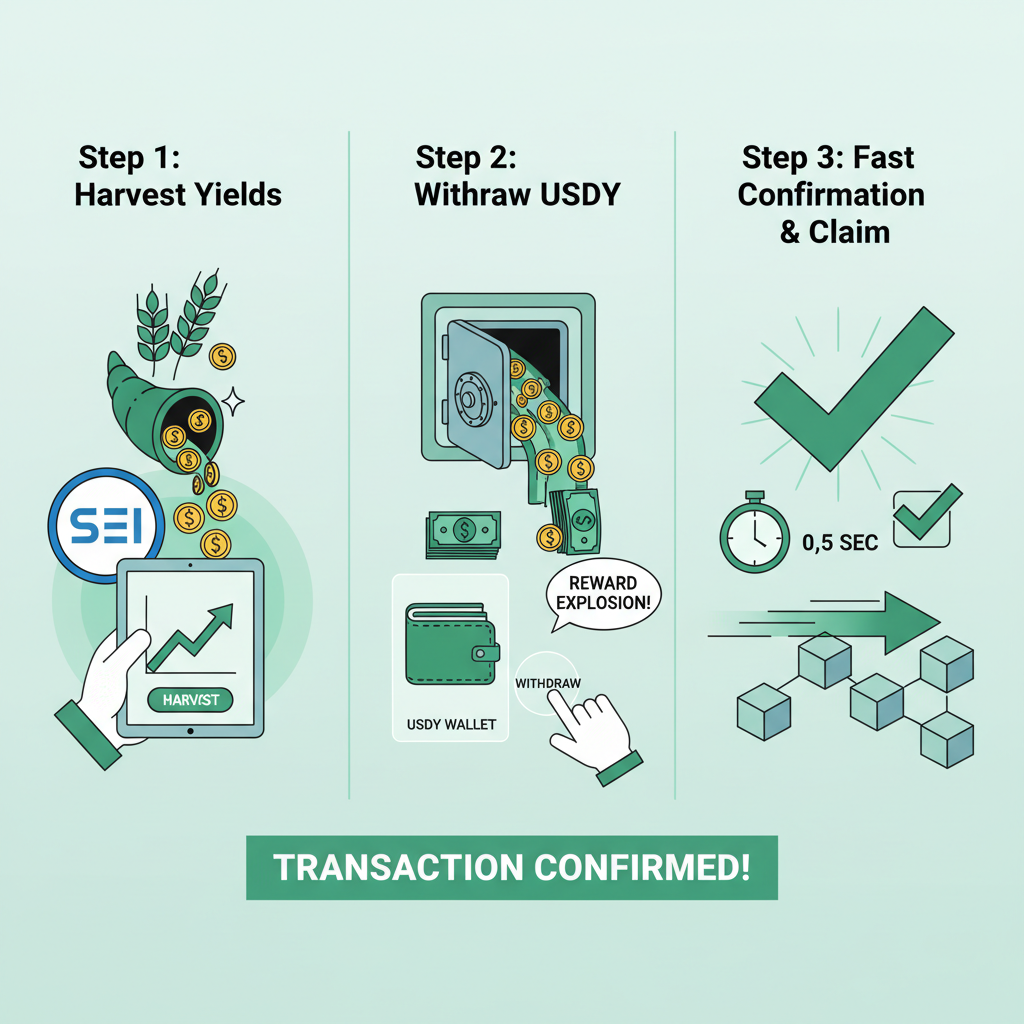 Harvesting yields and withdrawing USDY on Sei DEX, reward explosion, fast transaction confirmation, triumphant green checkmarks