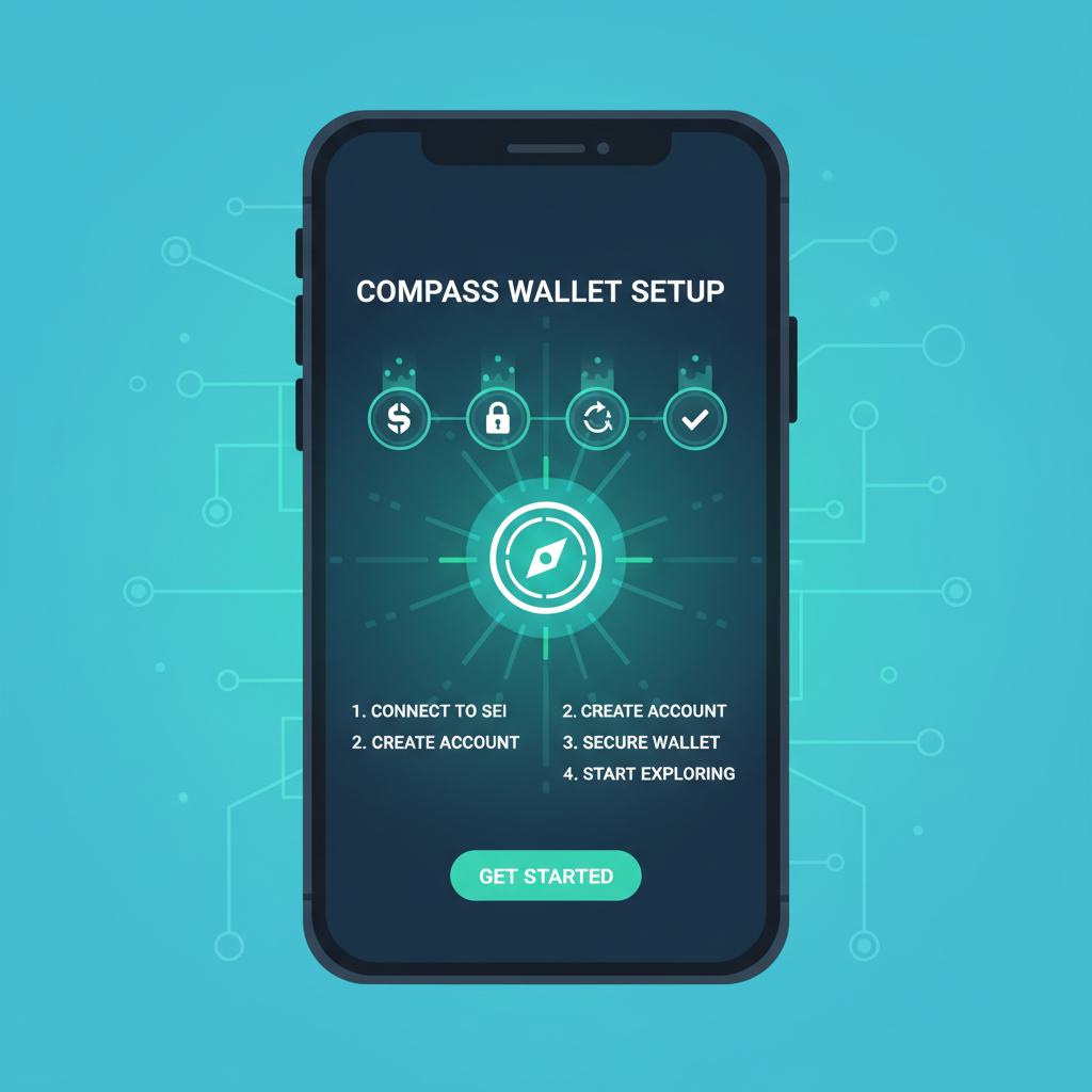 Vibrant mobile screen Compass Wallet setup on Sei Network, futuristic UI, blue-green glow, energetic icons