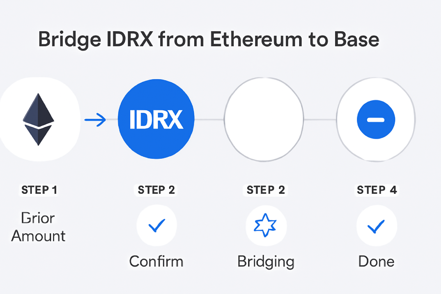 A step-by-step bridge interface showing IDRX tokens moving from Ethereum to Base, with blockchain icons and progress indicators.