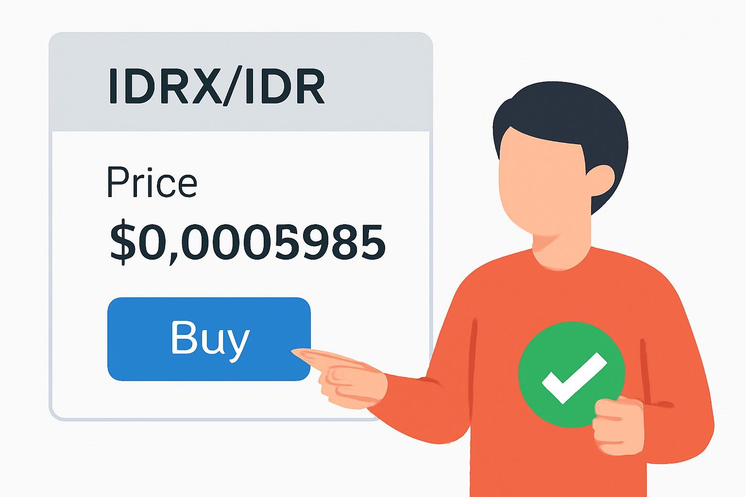 A digital exchange interface displaying IDRX/IDR trading, showing the price $0.00005985 and a user confirming a purchase.