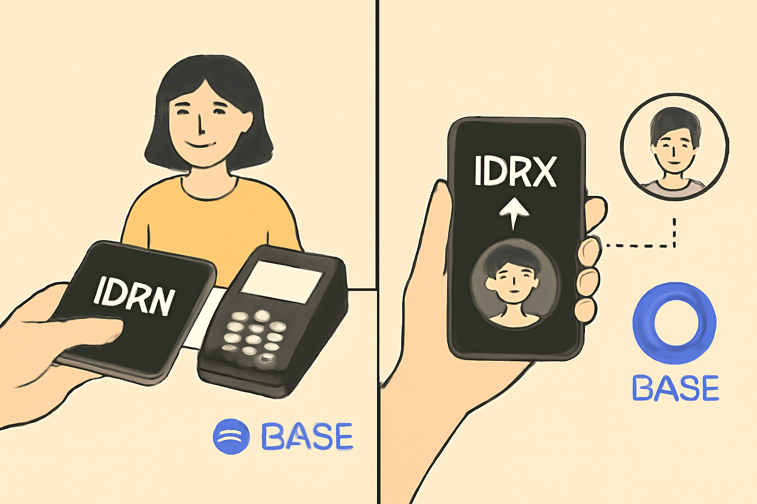 A user making a payment at a merchant terminal with IDRX on their phone, and another sending IDRX to a friend, with Base blockchain logos.