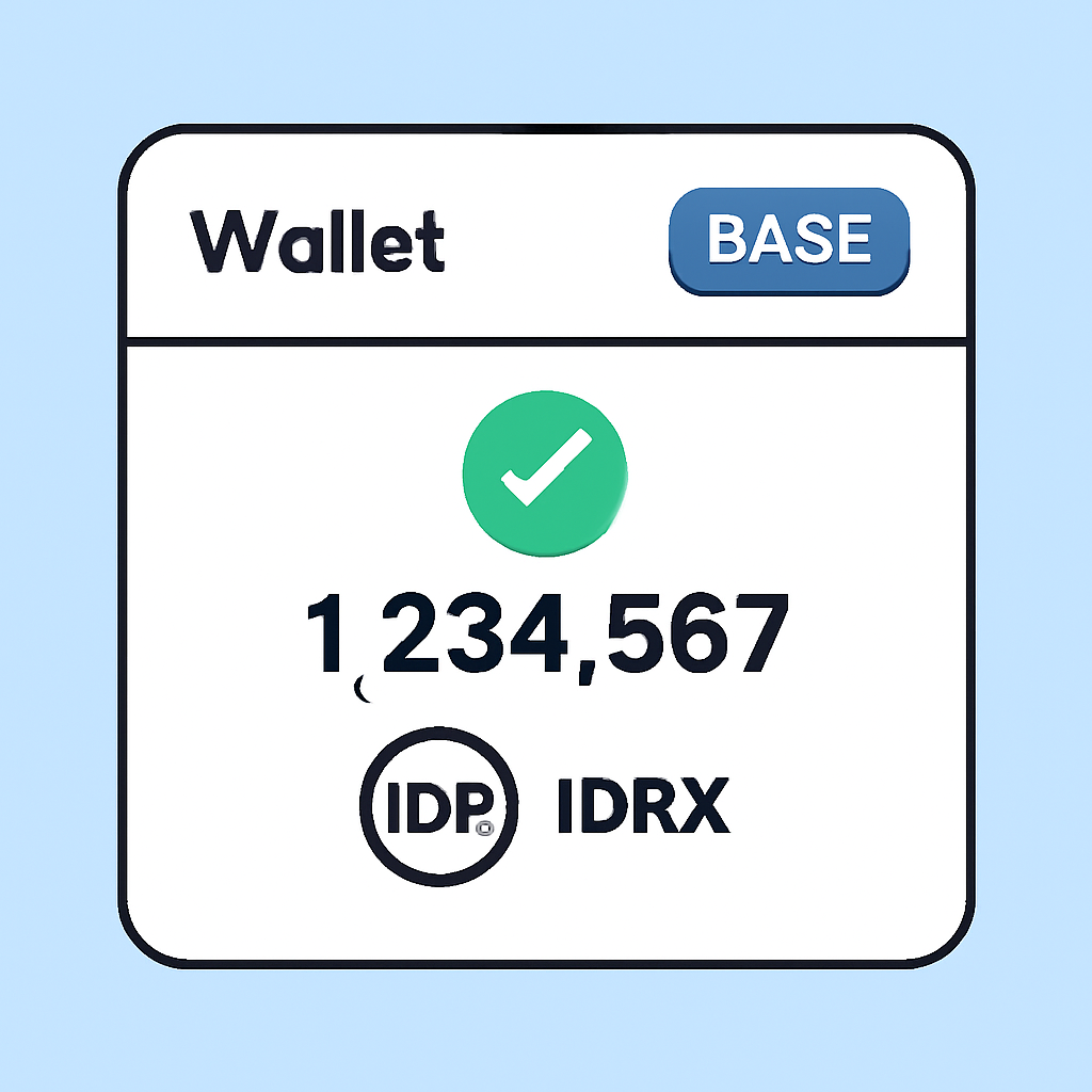 A wallet interface on the Base network showing a confirmed IDRX balance, with a green checkmark and IDR symbols.
