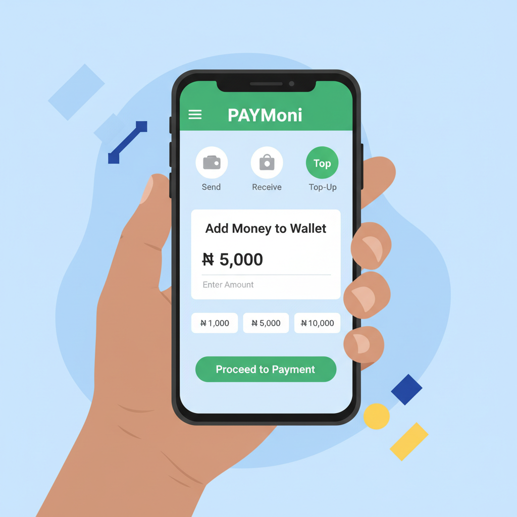 Nigerian user topping up mobile money wallet with Naira on smartphone, realistic app interface