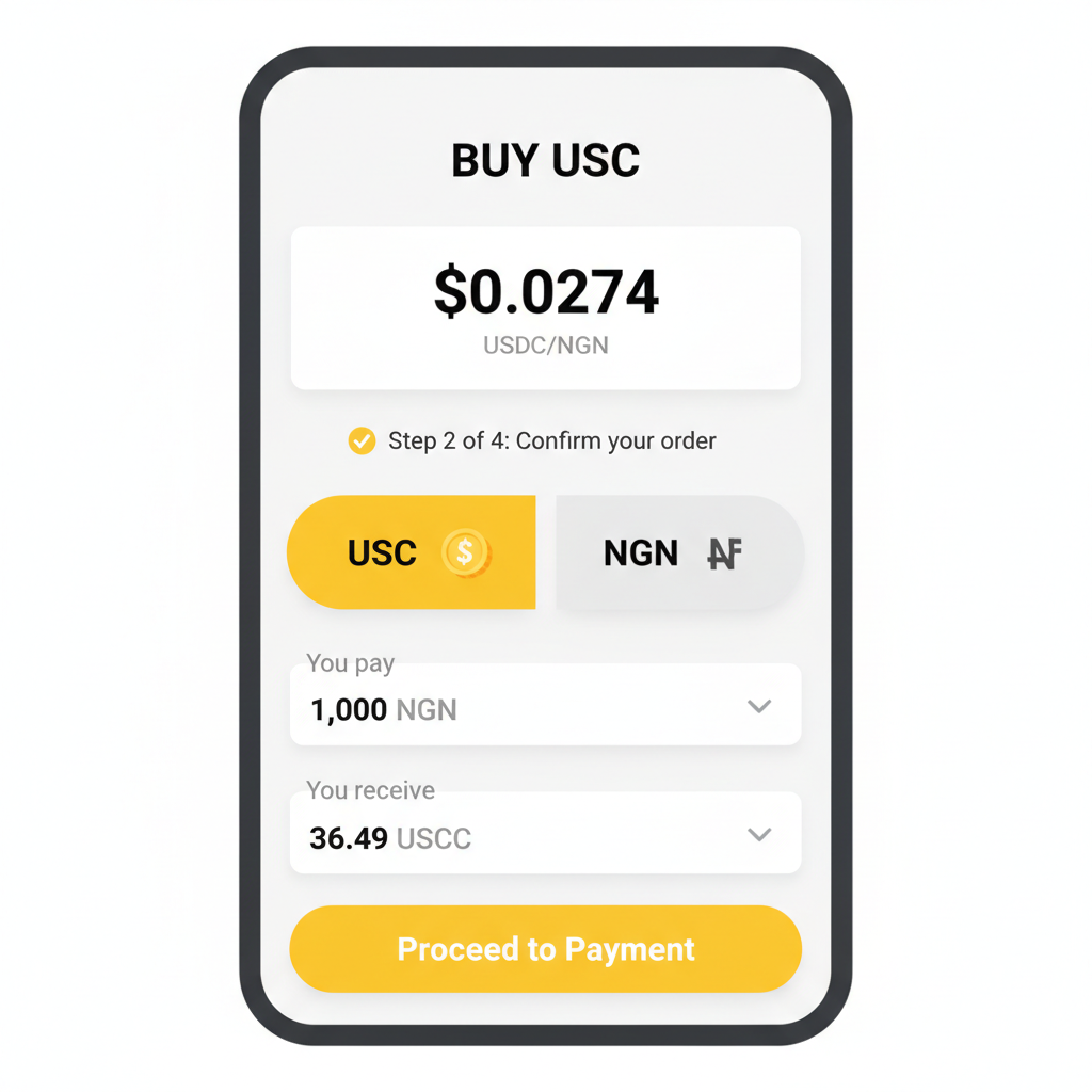 Yellow Card app interface showing USDC buy at $0.0274 with Naira payment option
