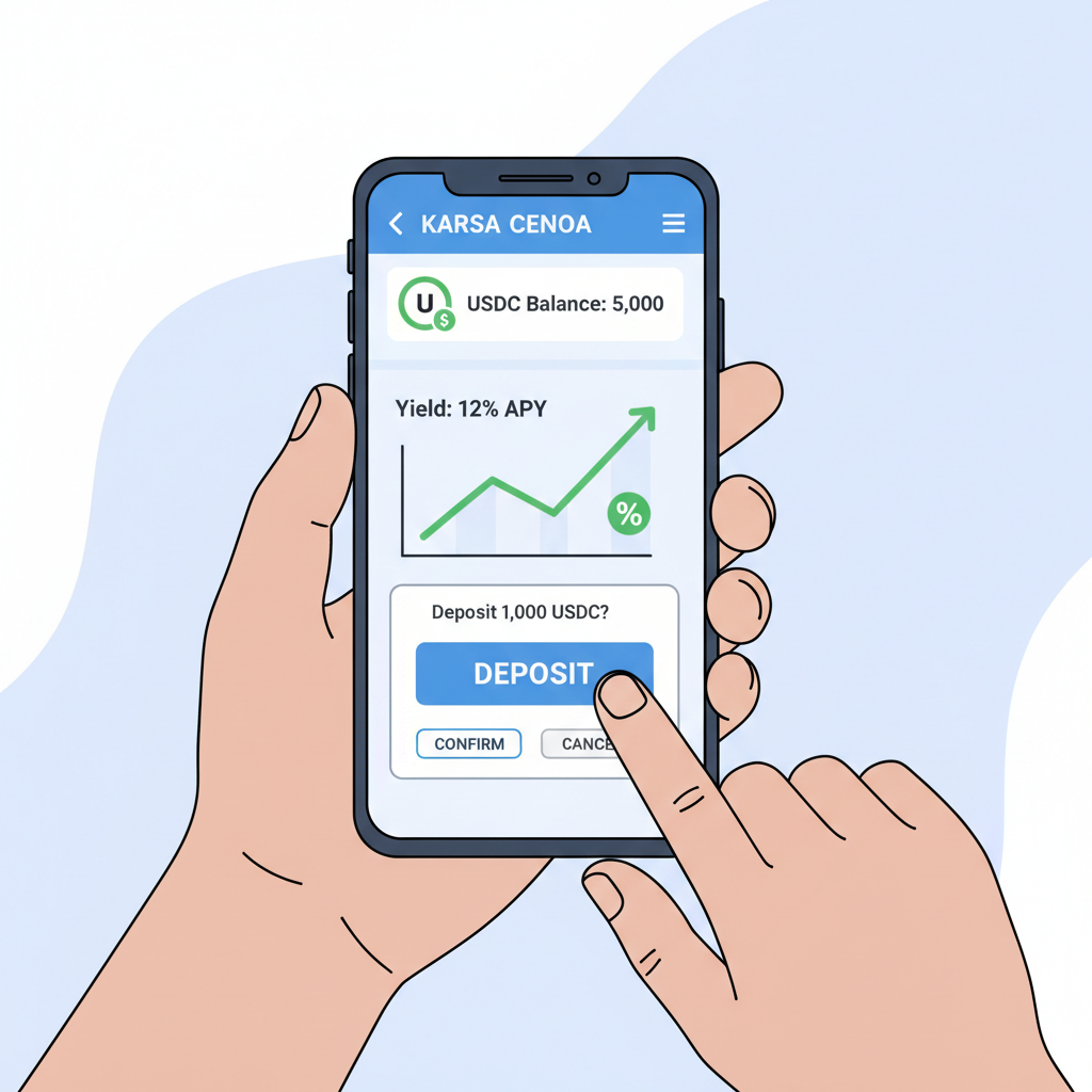 User depositing USDC into Karsa or Cenoa savings dashboard on mobile, yield graph visible