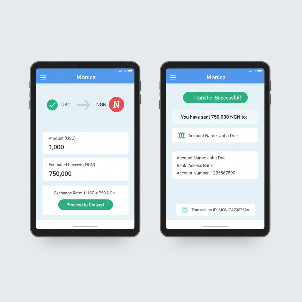 Monica app showing USDC to Naira conversion and bank transfer confirmation