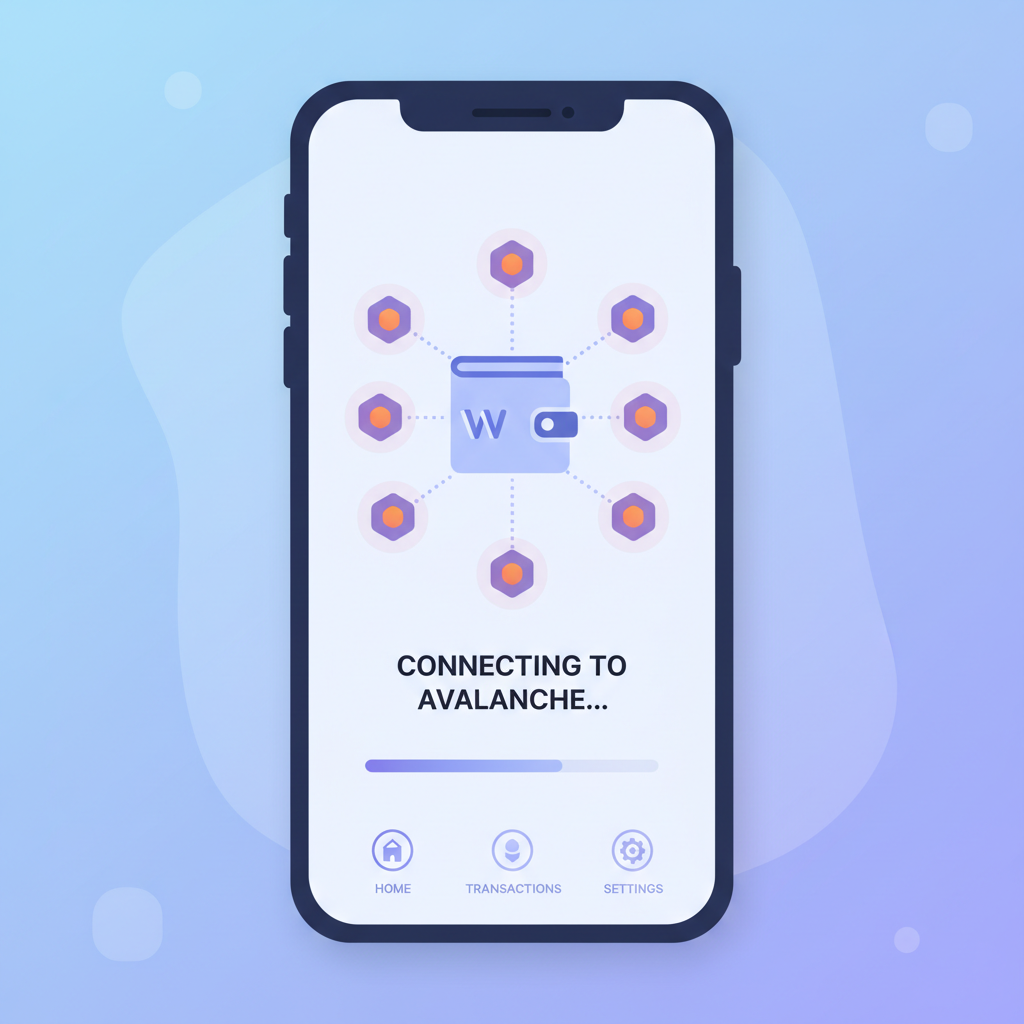wallet app connecting to Avalanche blockchain, glowing network nodes, digital interface