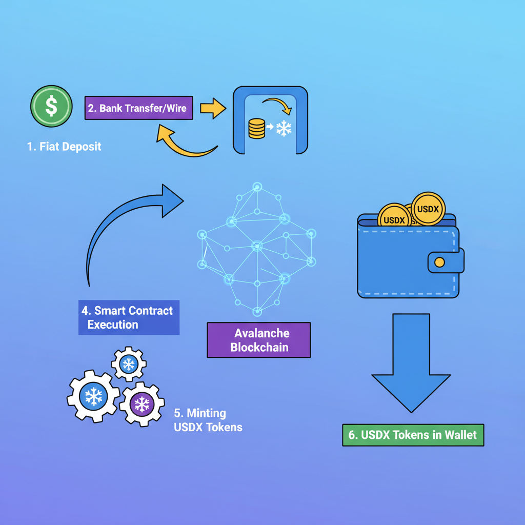 minting USDX tokens on Avalanche, fiat to crypto flow visualization, blockchain animation