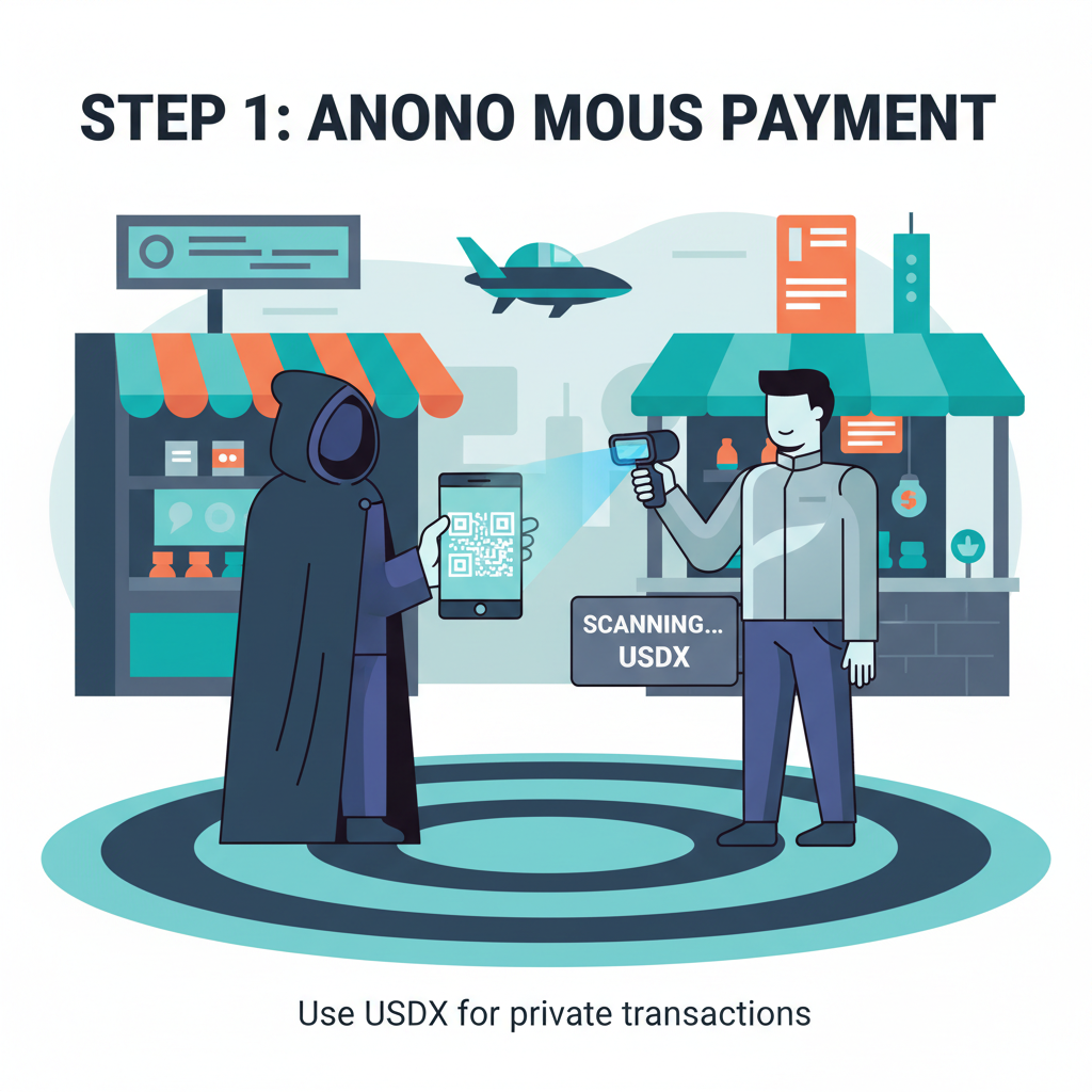 anonymous spending USDX crypto, merchant scan QR code, shadowy figure, futuristic market