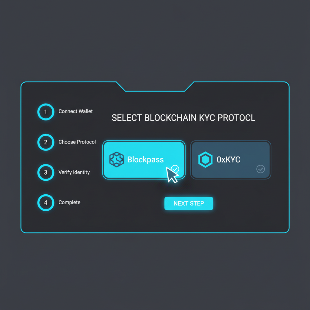 sleek dashboard selecting blockchain KYC protocols like Blockpass and 0xKYC, futuristic UI, neon blues