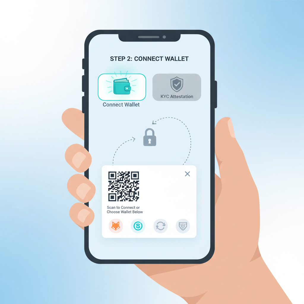 user connecting crypto wallet to KYC attestation app, mobile interface, glowing wallet icon
