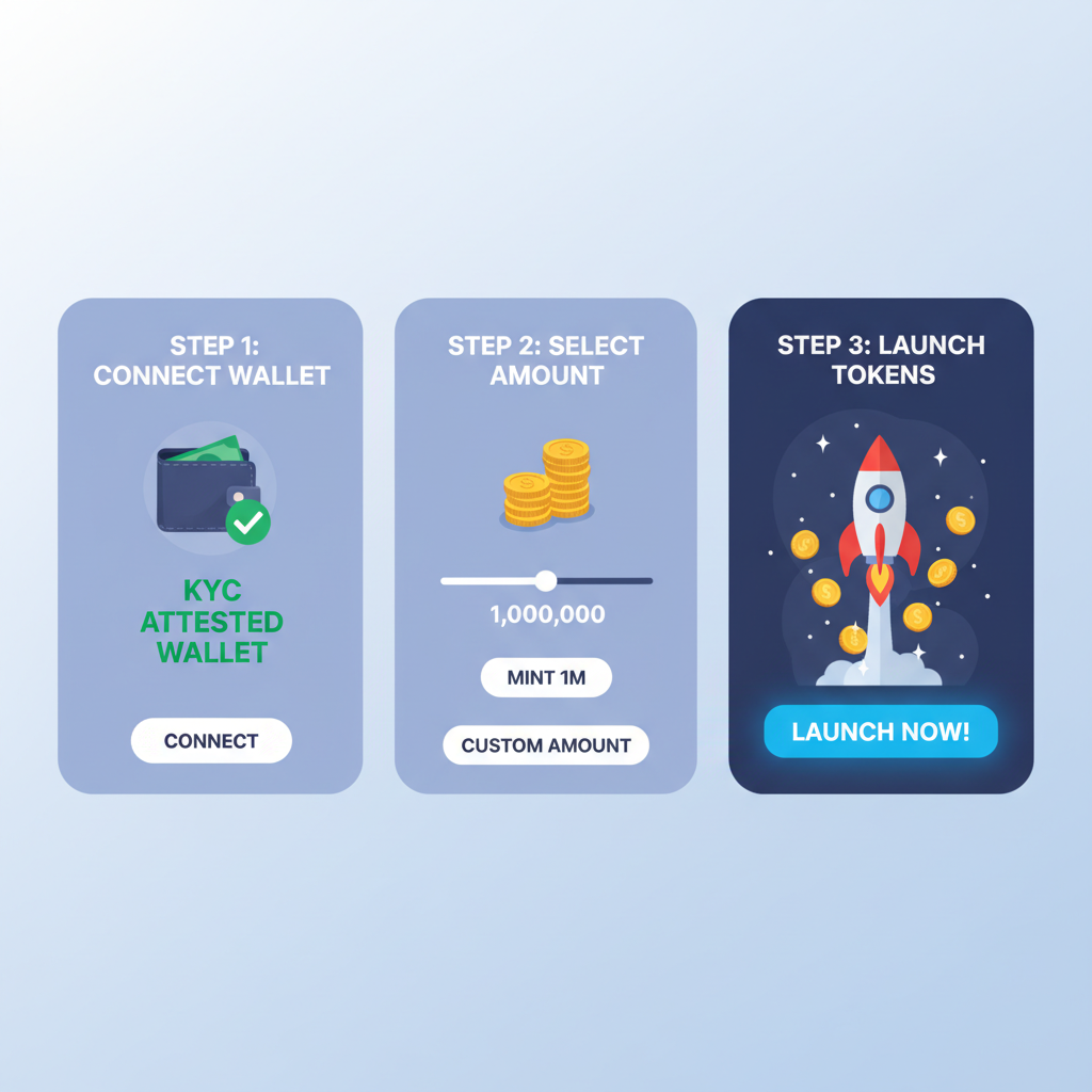 memecoin minting interface with green check for KYC attested wallet, rocket launching tokens