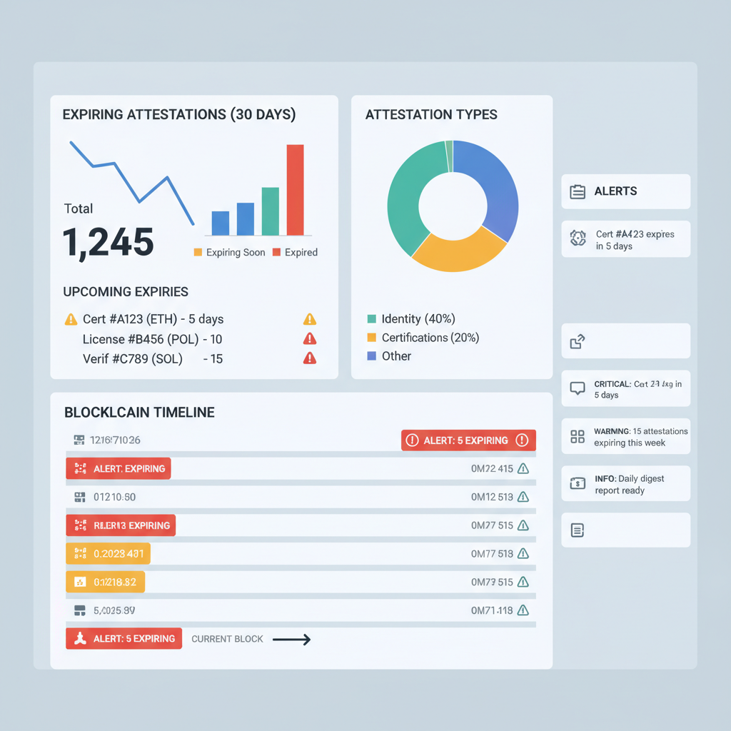 dashboard monitoring expiring onchain attestations, charts and alerts, blockchain timeline