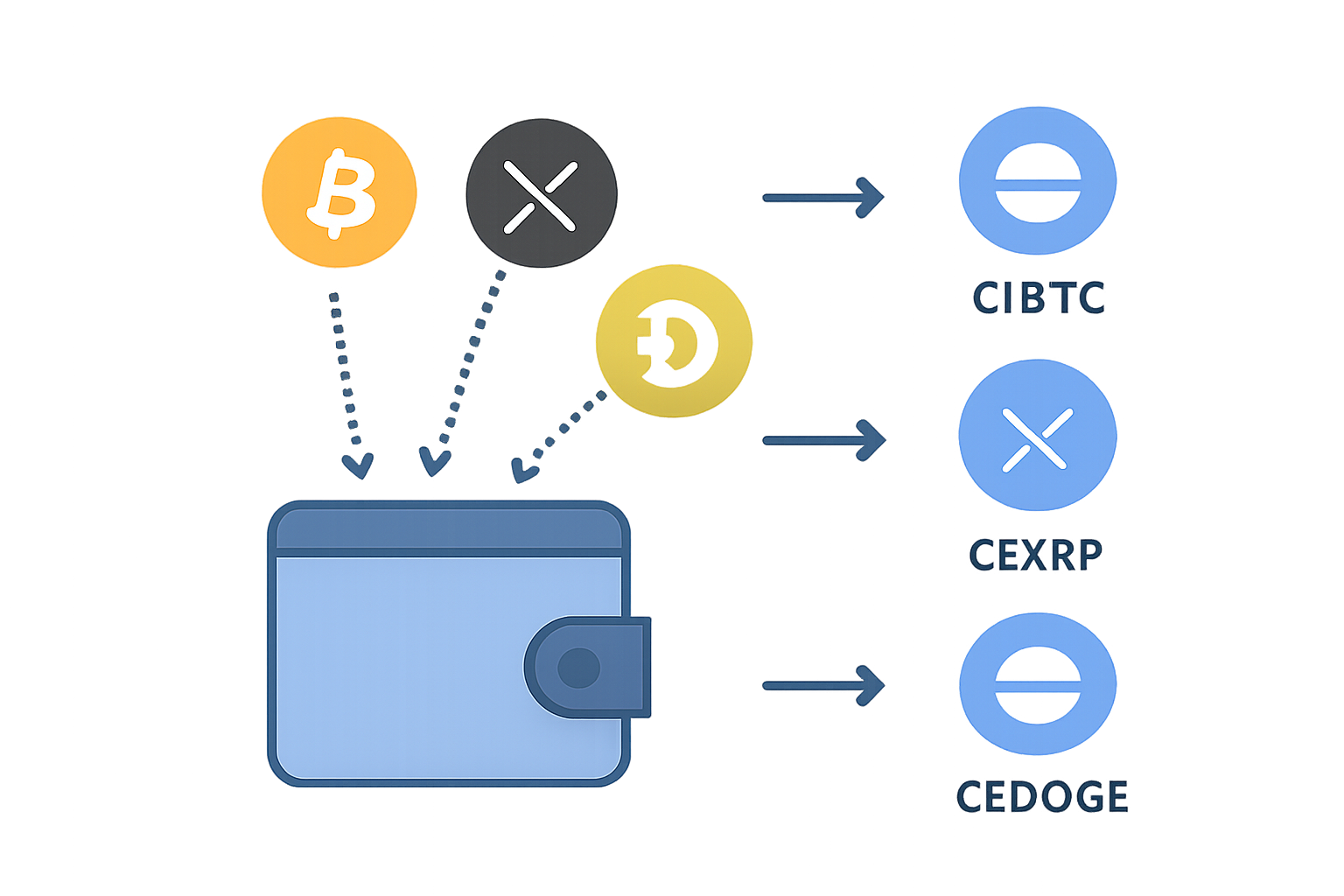 A digital wallet receiving Bitcoin, XRP, and Dogecoin icons, which transform into cbBTC, cbXRP, and cbDOGE tokens on the Base network.