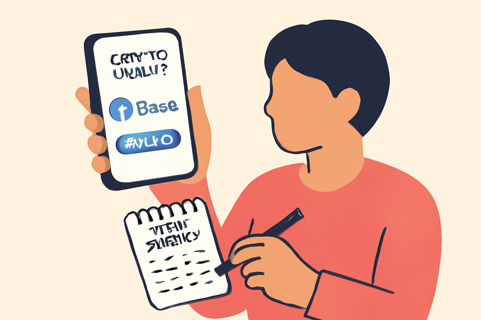 A person installing a crypto wallet app on their phone, showing the Base network logo and securely writing down a seed phrase.