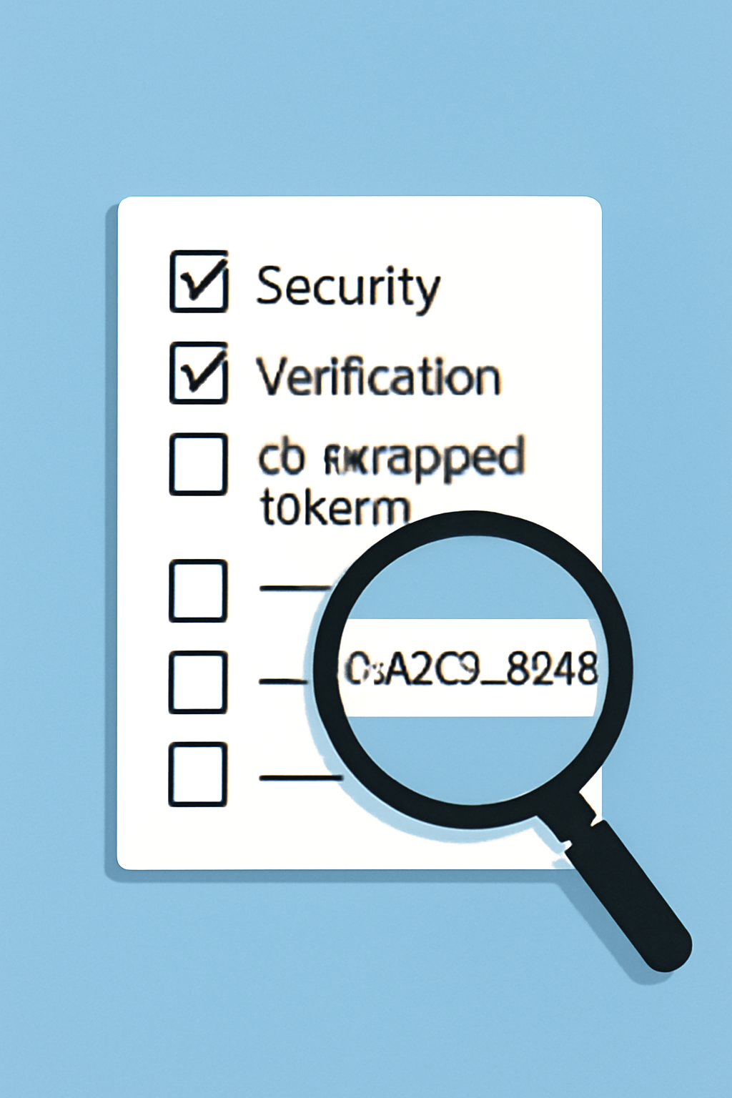 A checklist with a magnifying glass over a contract address, highlighting security and verification for cb-wrapped tokens.