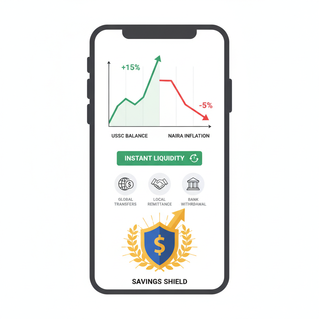 final phone screen with USDC balance growth chart vs Naira inflation decline, instant liquidity button and remittance options, triumphant visuals of savings shield