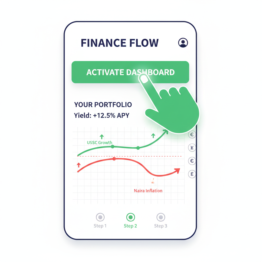 mobile app screen activating yields dashboard, growth chart showing USDC compounding upwards against declining Naira inflation line, professional green upward arrows