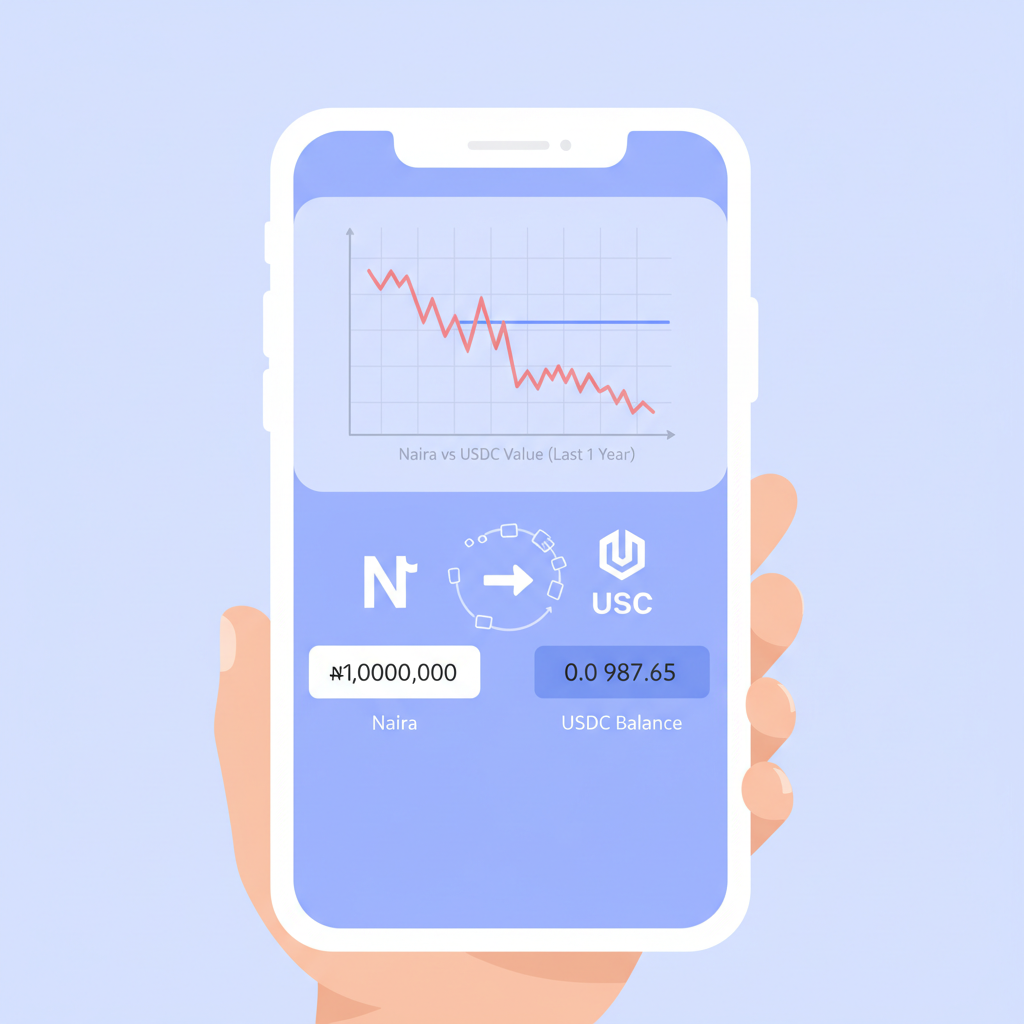 phone screen mid-conversion Naira input to USDC balance output, real-time transaction animation, background faint Naira depreciation chart vs stable USDC line
