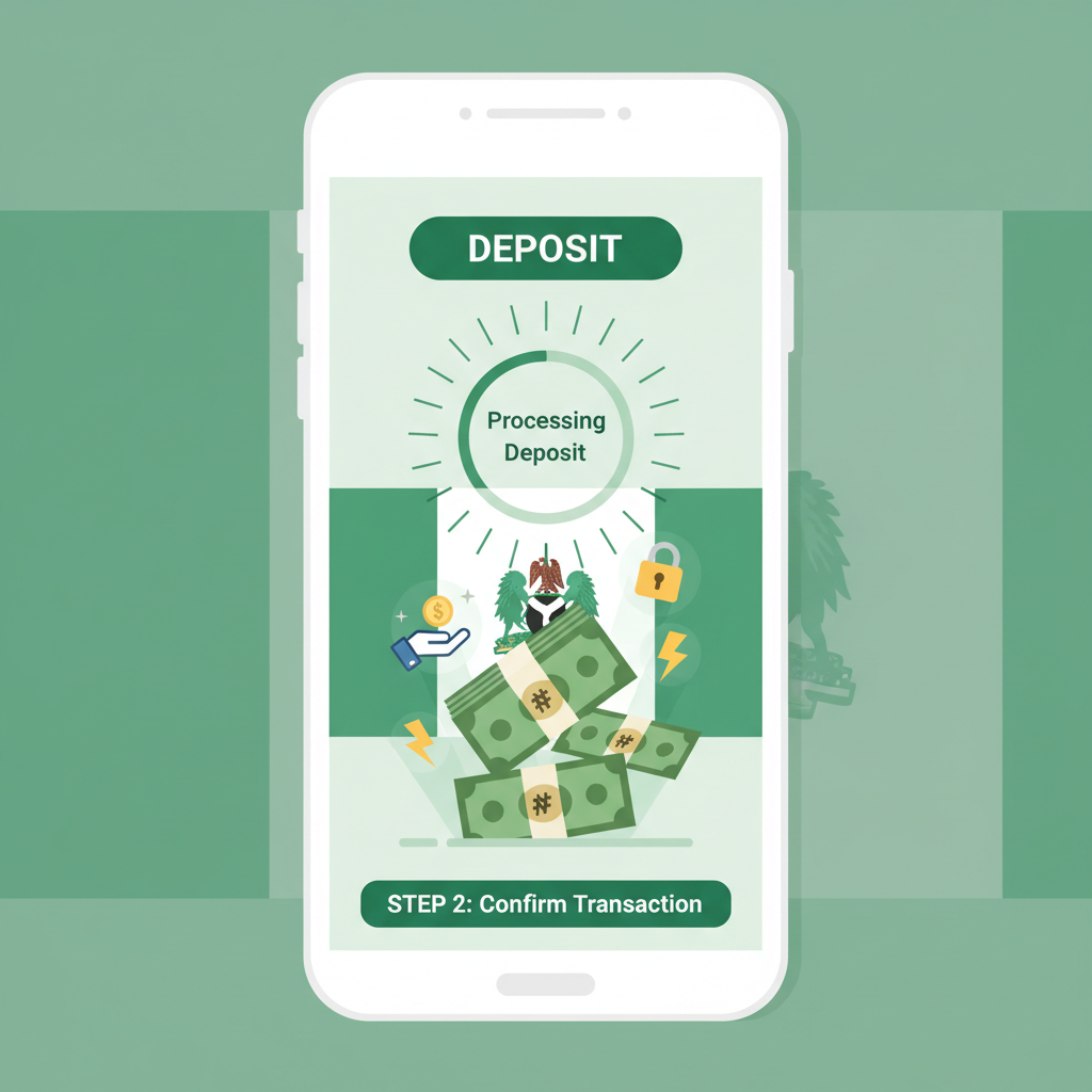 Mobile money deposit interface on phone, Naira notes and icons flowing in, Nigerian flag elements