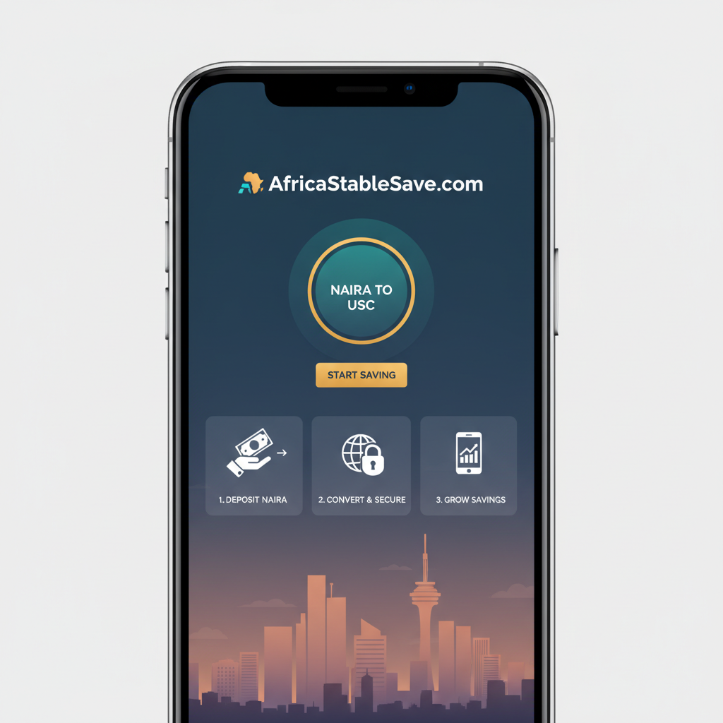 close-up mobile phone screen displaying AfricaStableSave.com homepage, clean modern UI with Naira to USDC conversion button, subtle Nigerian skyline background, vibrant professional style