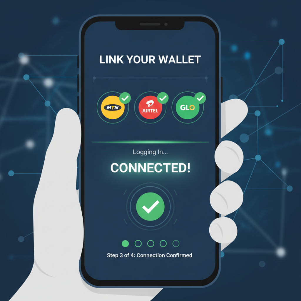 mobile phone screen showing wallet linking interface for MTN Airtel Glo, green checkmark confirmation, seamless transition from login to connected state, high-tech executive aesthetic