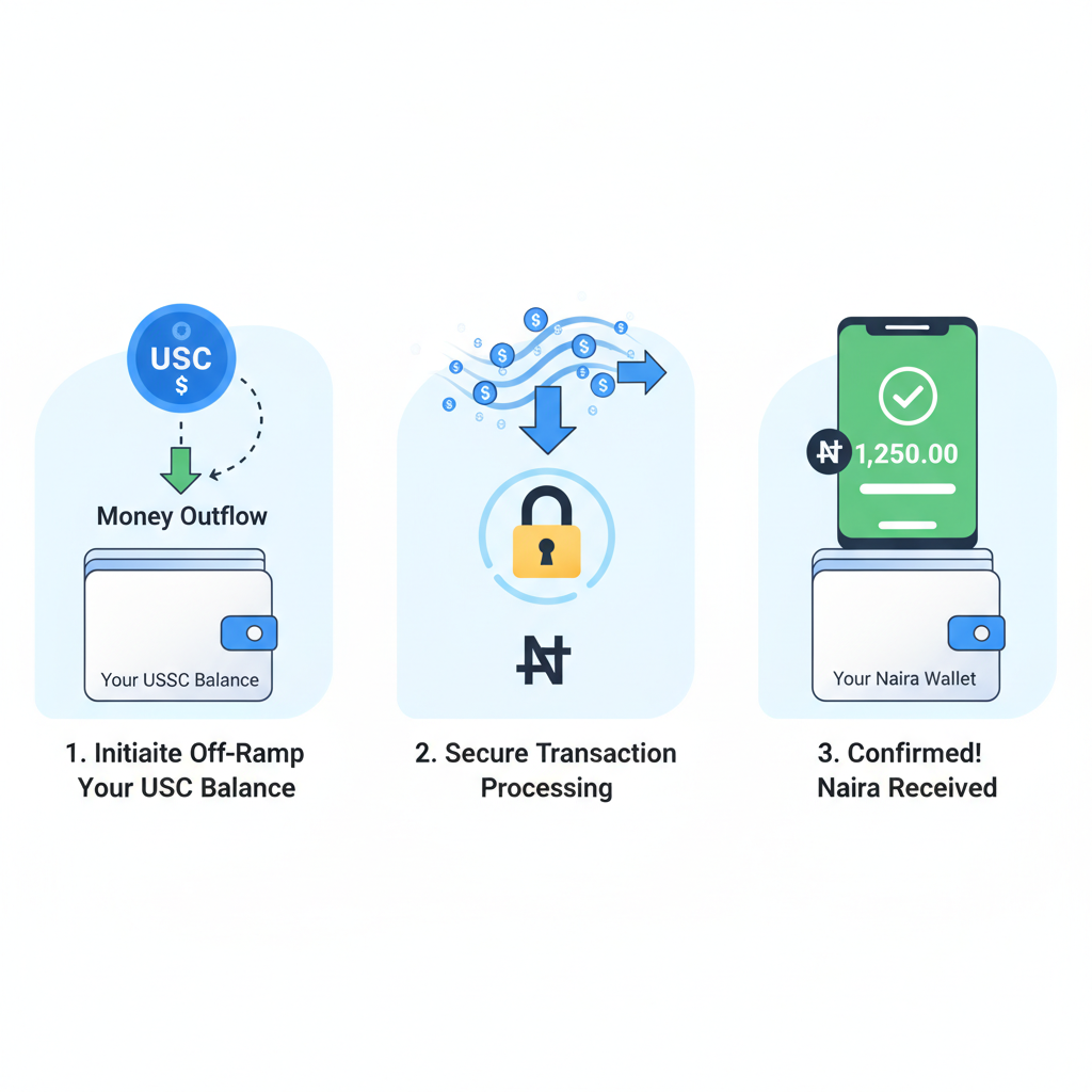 Off-ramping flow from USDC to Naira wallet, money outflow animation, secure transaction confirmation