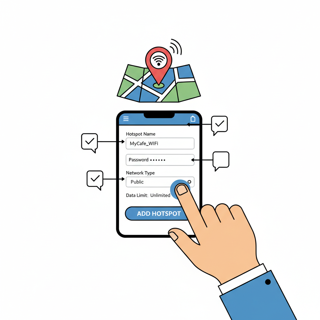 user adding WiFi hotspot on mobile app, form fields visible, map pin drop