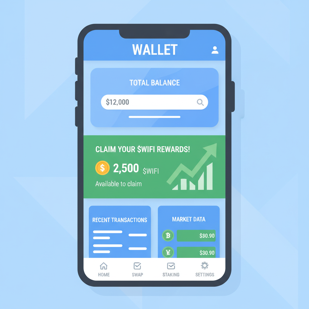 wallet screen showing $WIFI tokens rewards, crypto chart with green up arrow