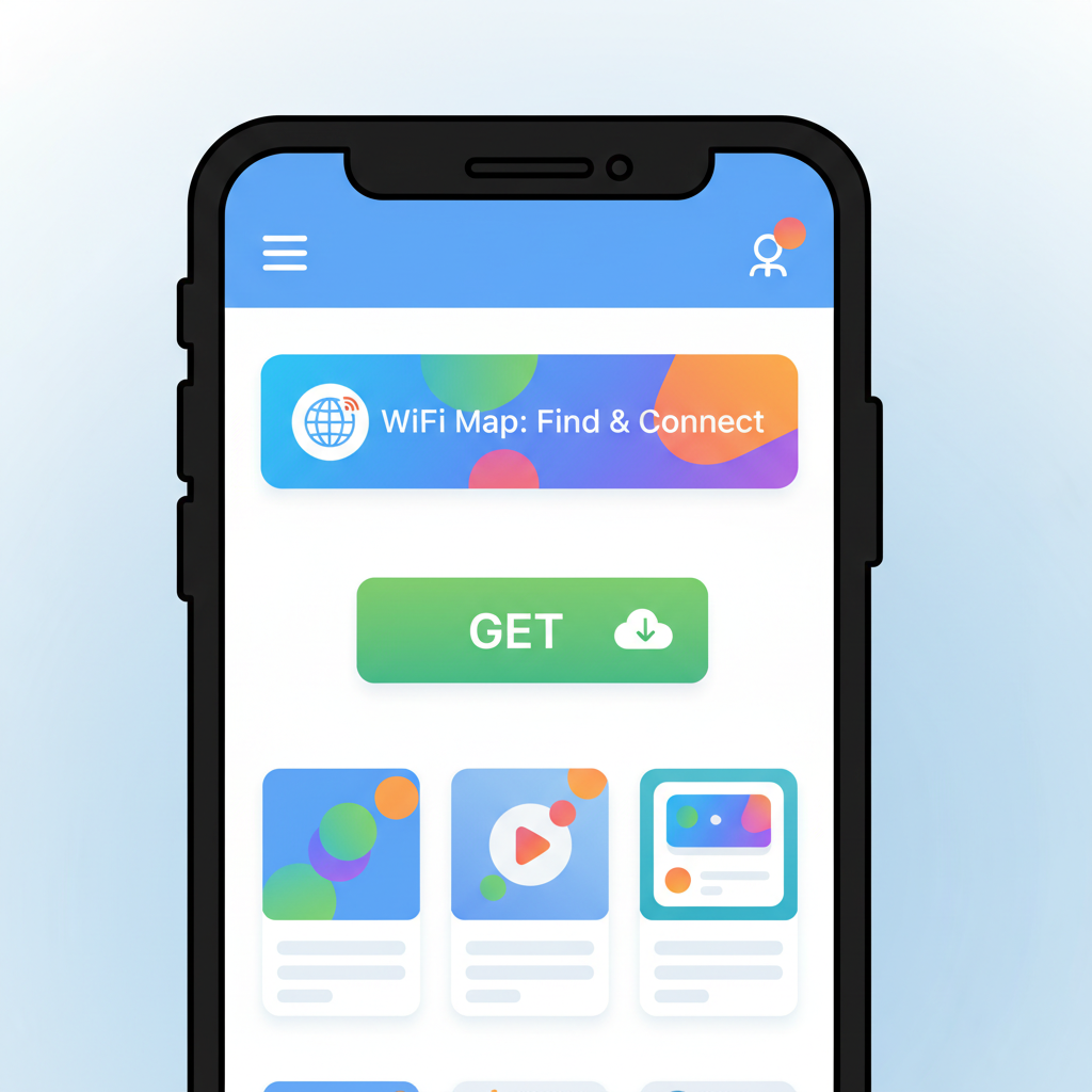 smartphone screen showing WiFi Map app download from app store, vibrant colors, modern UI