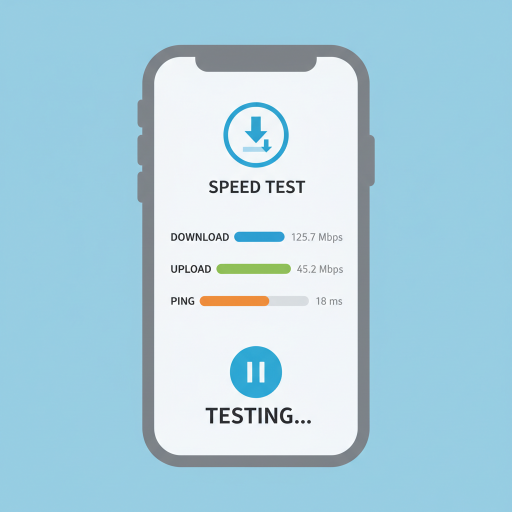 speed test running on phone app, progress bars for download upload ping