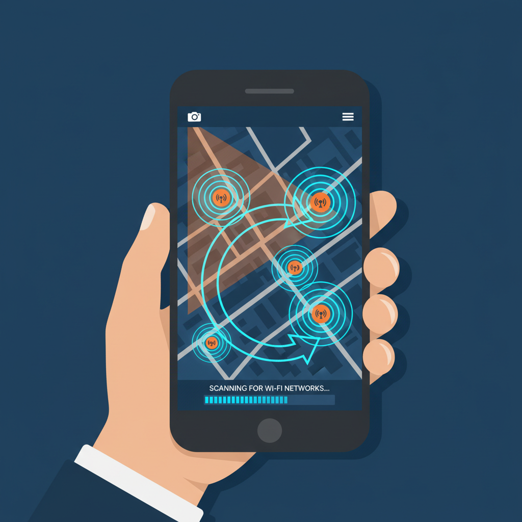 phone map app scanning WiFi hotspots, glowing signals on city map background