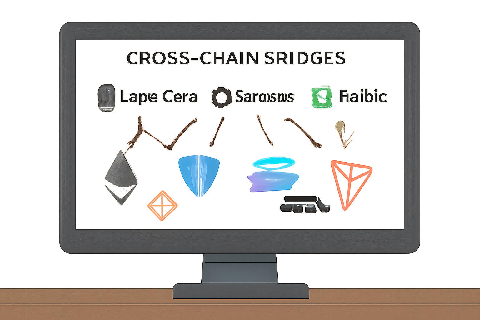 A computer screen displaying several cross-chain bridge logos (LayerZero, Symbiosis, Rubic, Defiway) with blockchain icons (Ethereum, TON, BSC, Solana, Tron) connected by arrows.