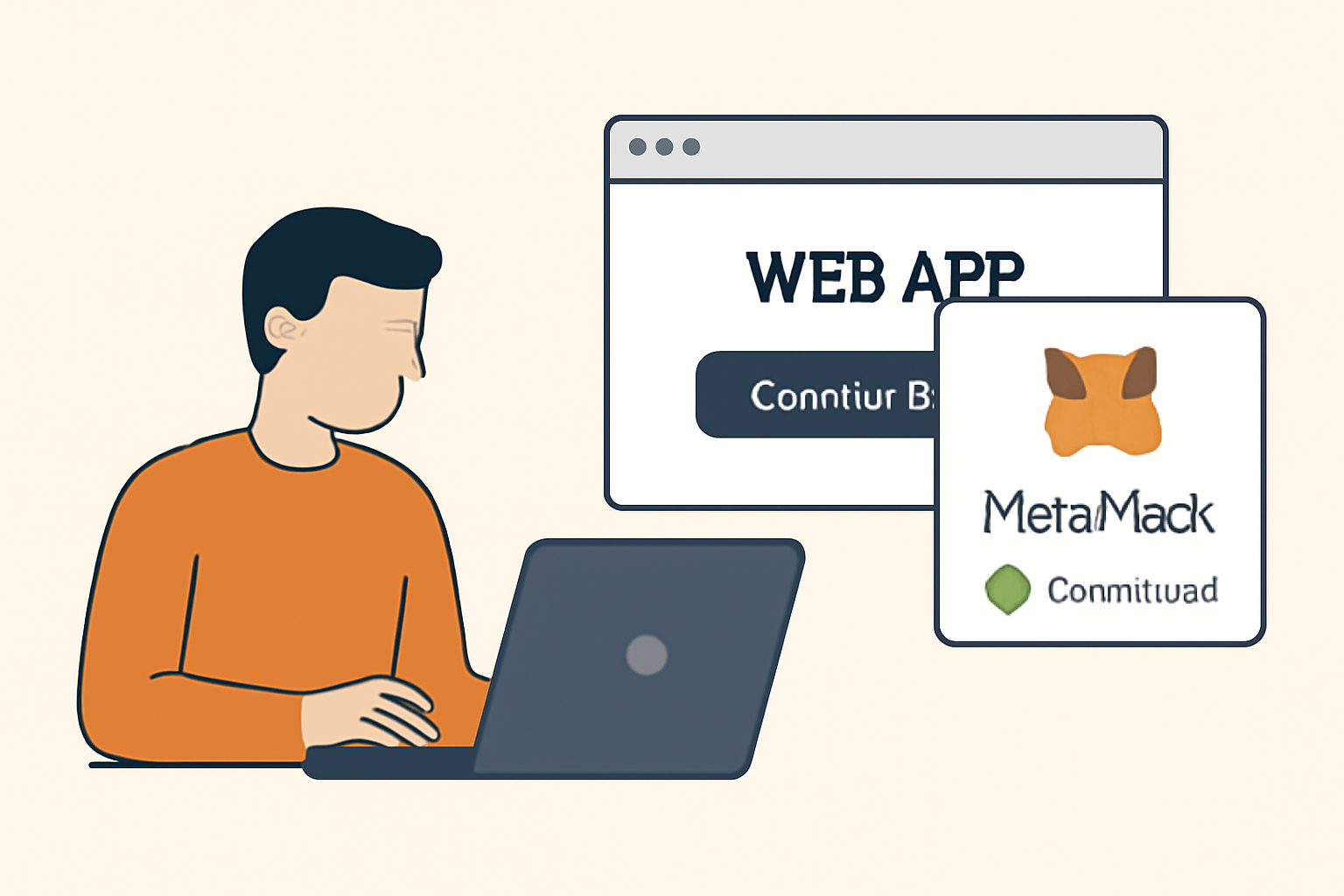 A user connecting their MetaMask wallet to a web app, with a pop-up showing a successful connection.