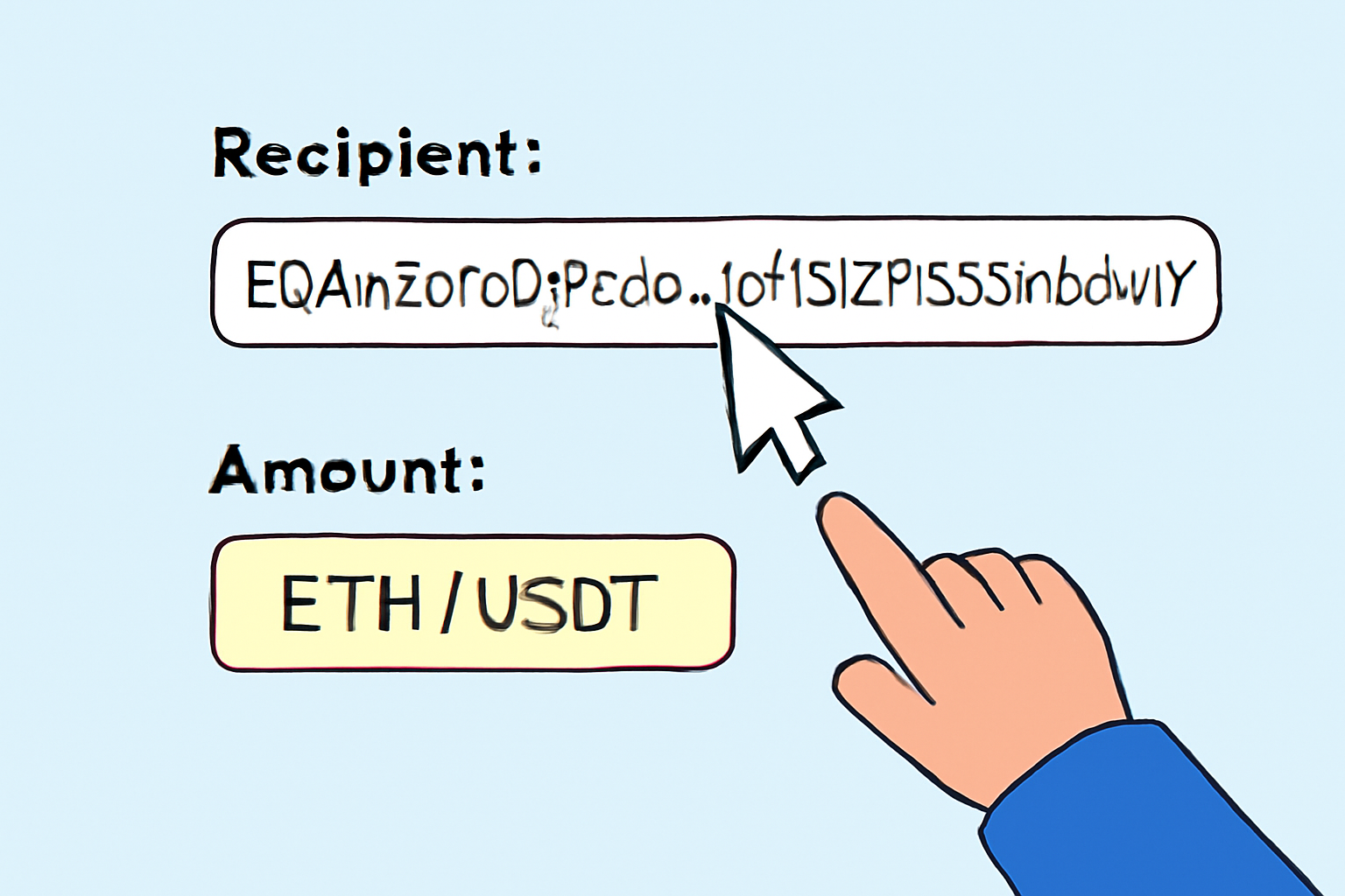 A user typing a TON wallet address into a form field, with a highlighted 'Amount' box for ETH/USDT.