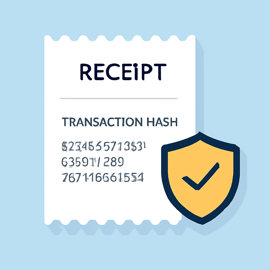 A digital receipt with a transaction hash, and a shield symbol representing security.