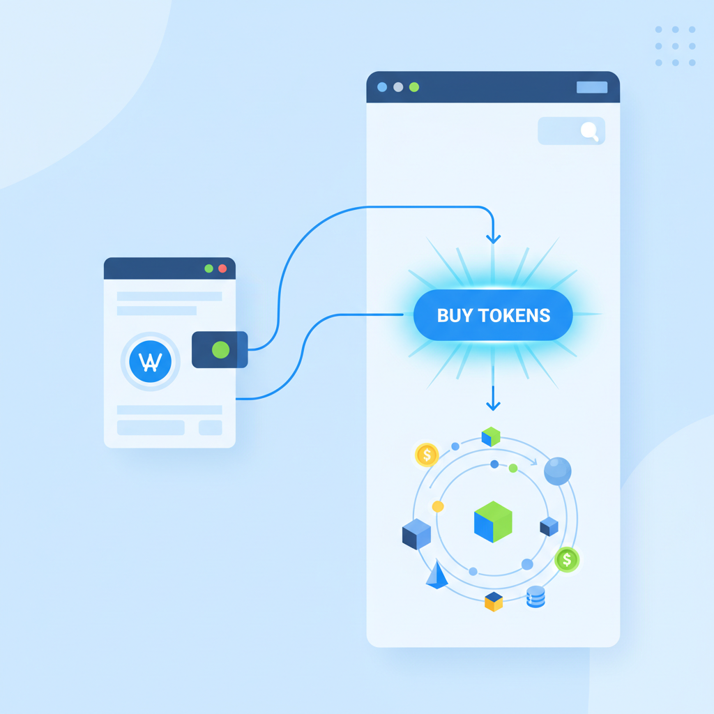 wallet connected to platform, buy tokens button clicked, blockchain minting animation