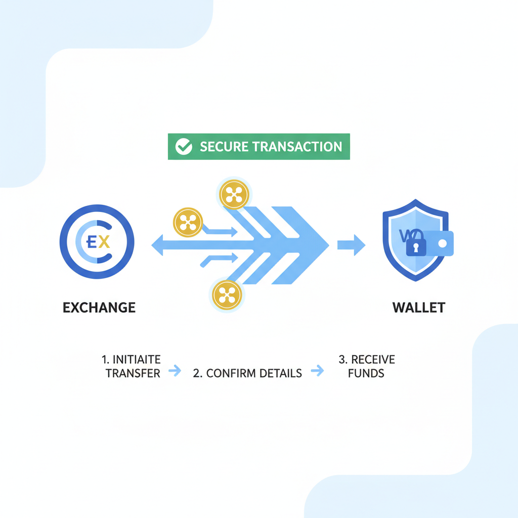 crypto transfer from exchange to wallet, digital arrows flowing XRP coins, secure transaction graphic