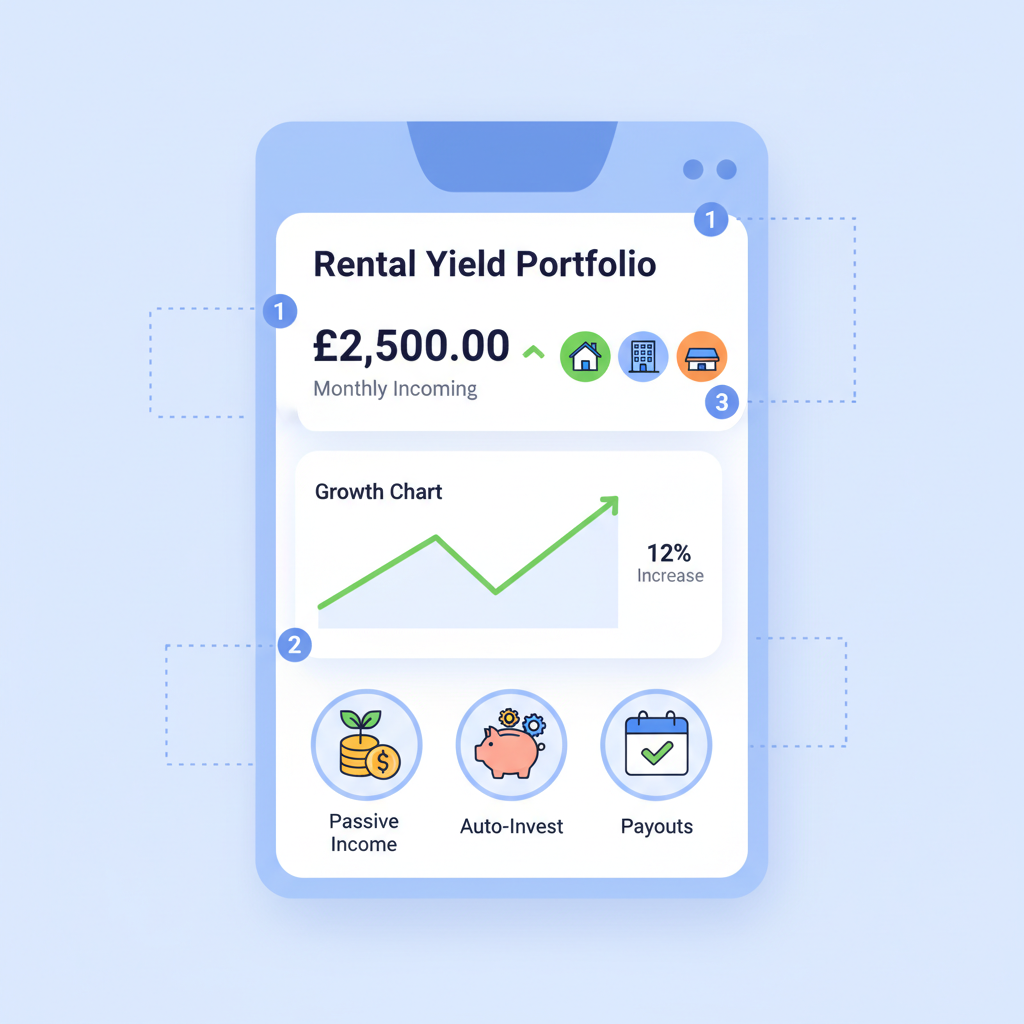 wallet dashboard showing incoming rental yield payments, growth chart, passive income icons