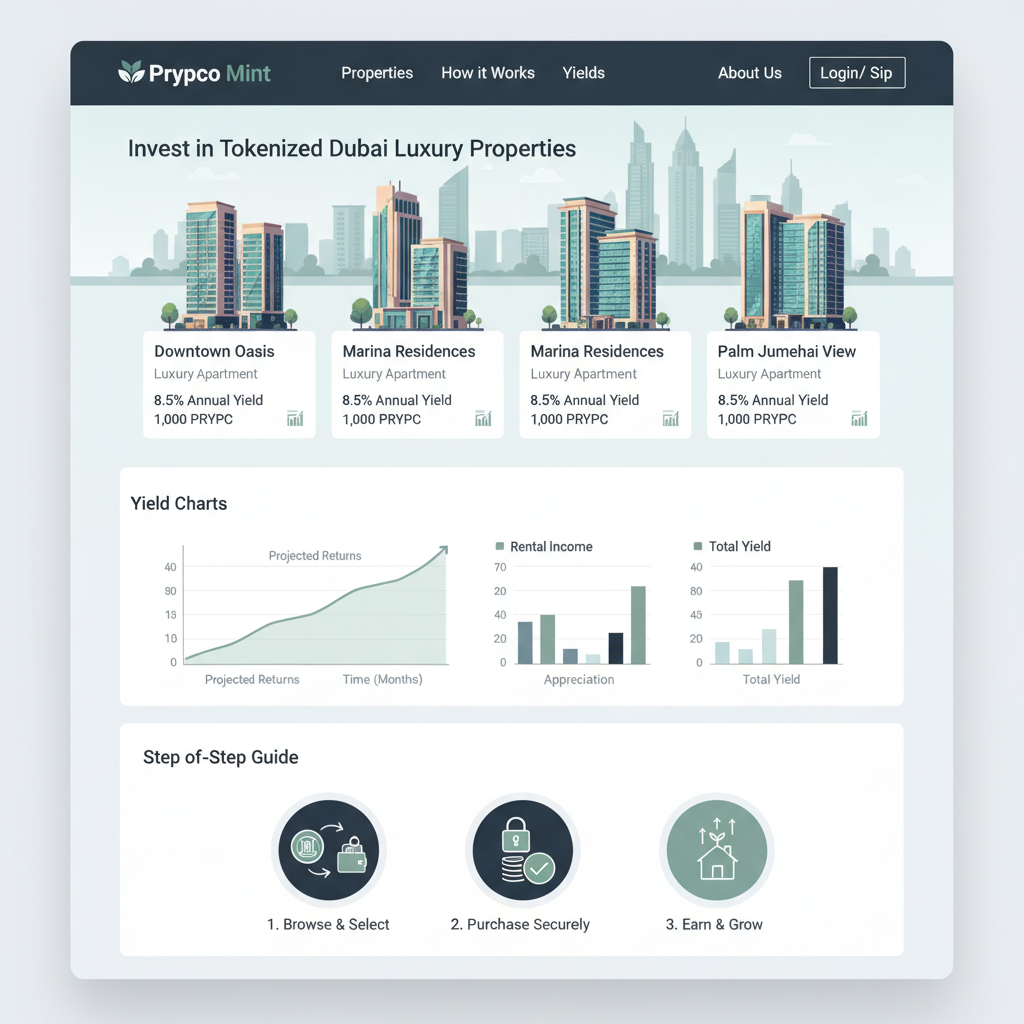 Prypco Mint website listing tokenized Dubai properties, luxury apartments, yield charts, sleek UI