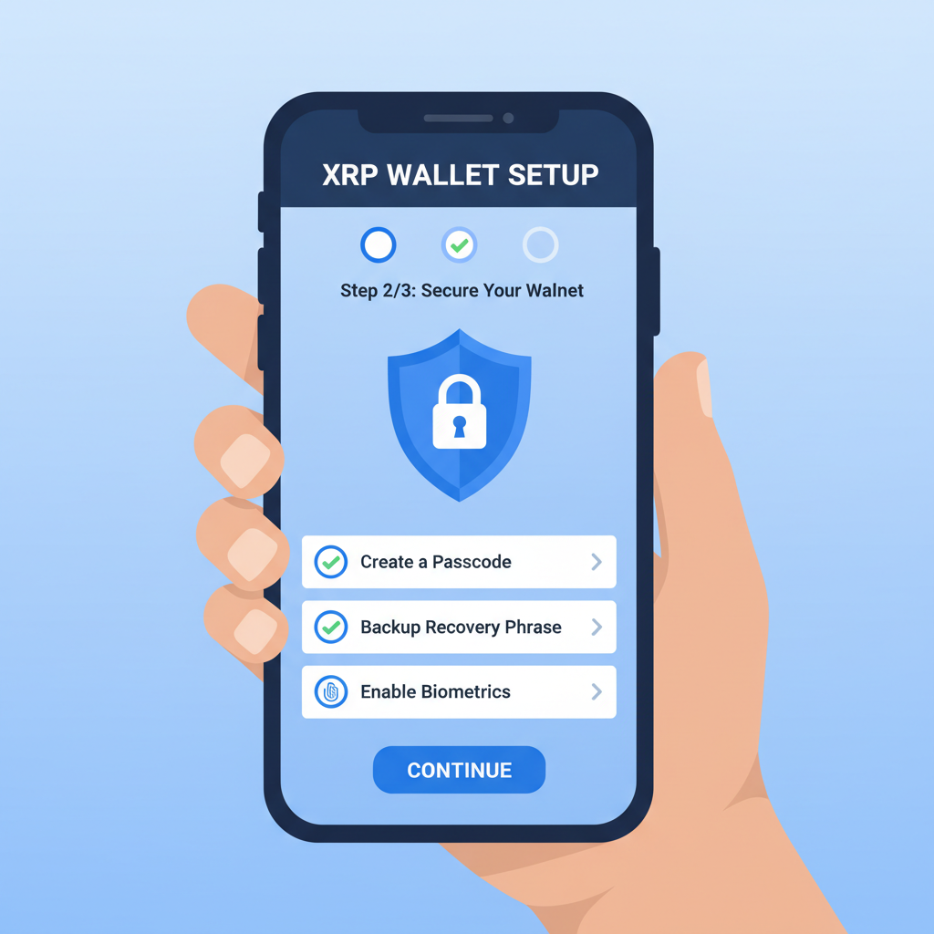 smartphone installing XRP wallet app, clean interface, secure setup screen, modern blue tones