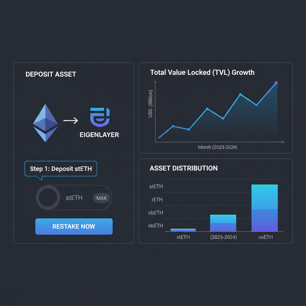 EigenLayer restaking interface depositing stETH, charts showing TVL growth, dark mode UI