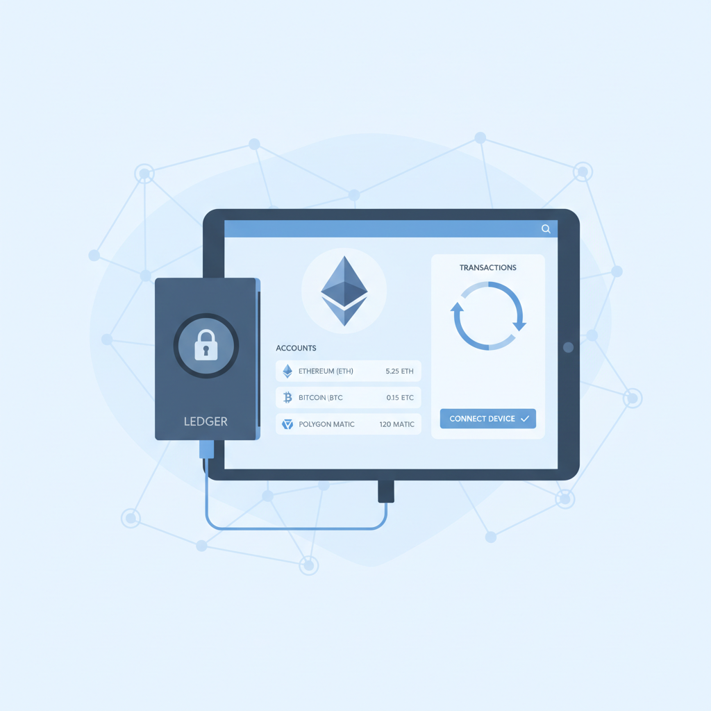 secure crypto wallet setup with hardware ledger, ethereum logos, professional dashboard, conservative blue tones