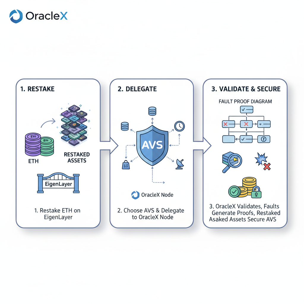 delegating restaked assets to AVS on EigenLayer, OracleX logo, fault proof diagrams