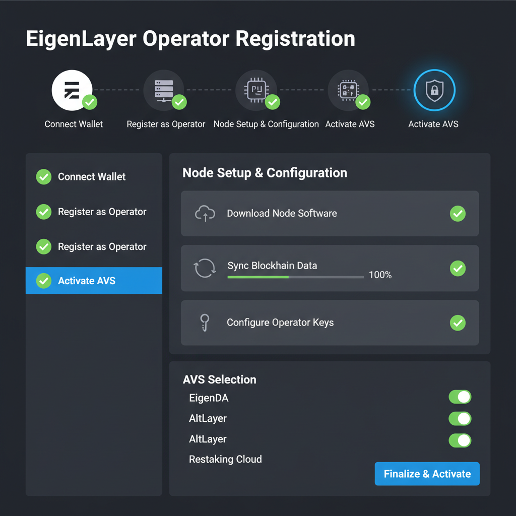registering as operator on EigenLayer dashboard, node setup icons, verification checkmarks