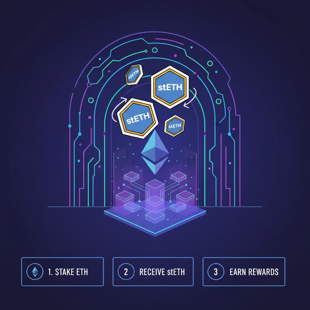 Glowing LST tokens like stETH floating above Ethereum blockchain, futuristic neon vault entrance