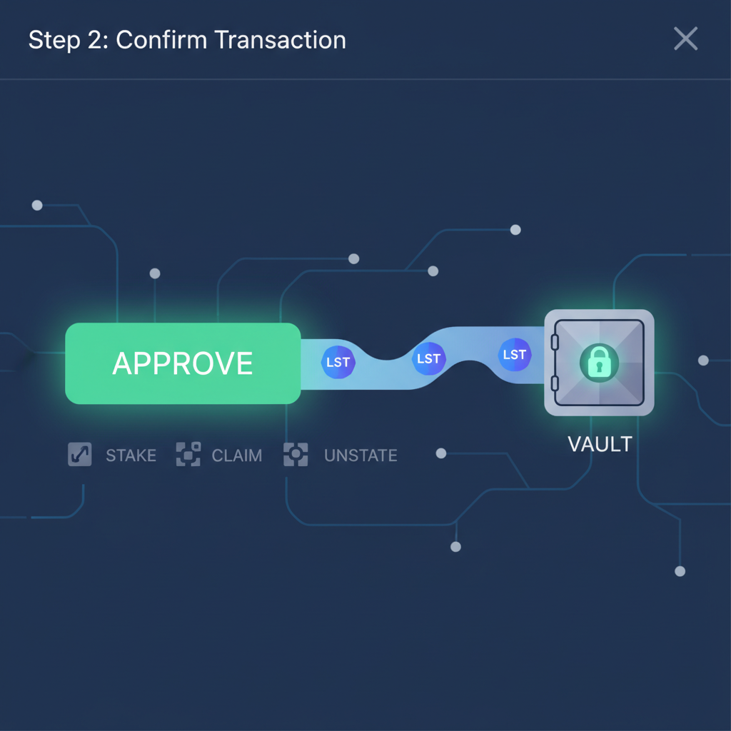 Approval button glowing green on DeFi interface, LST tokens streaming towards vault