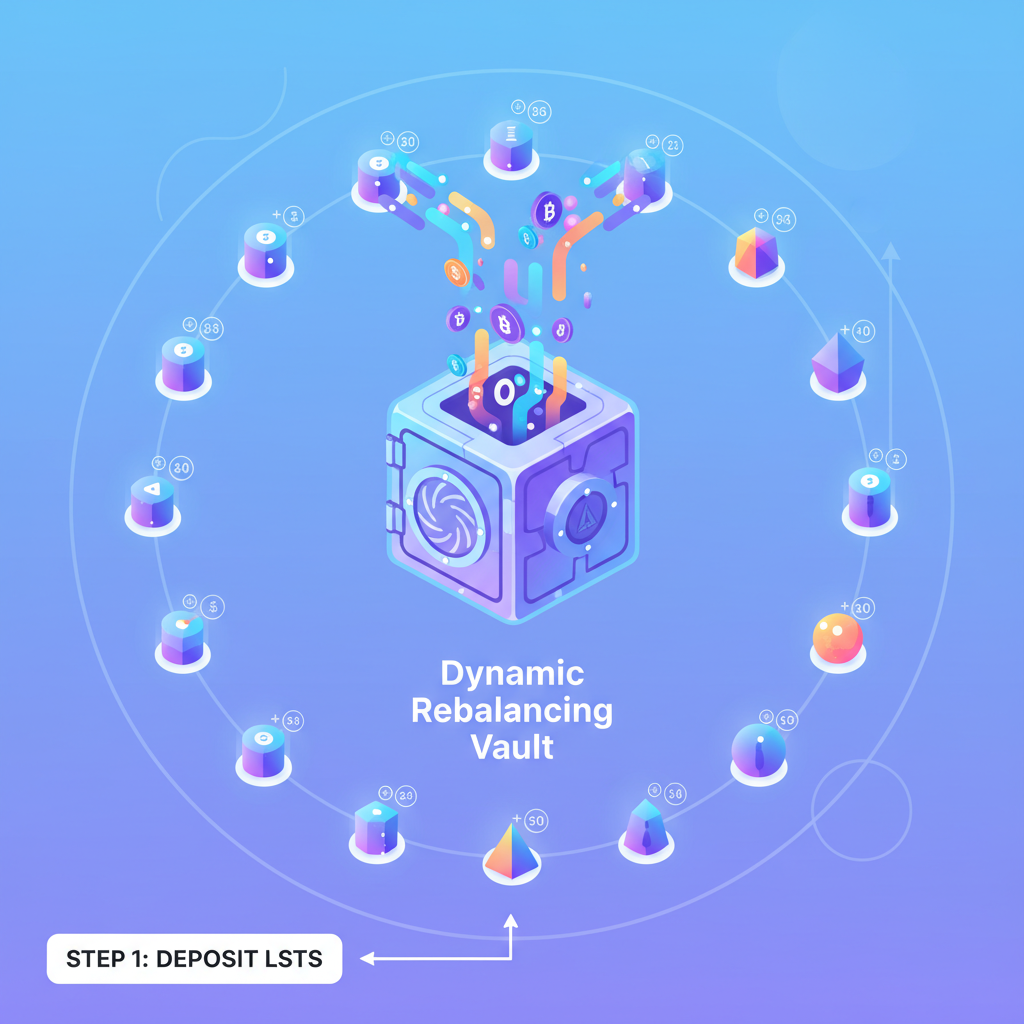 LSTs pouring into dynamic rebalancing vault, colorful AVS nodes lighting up with points