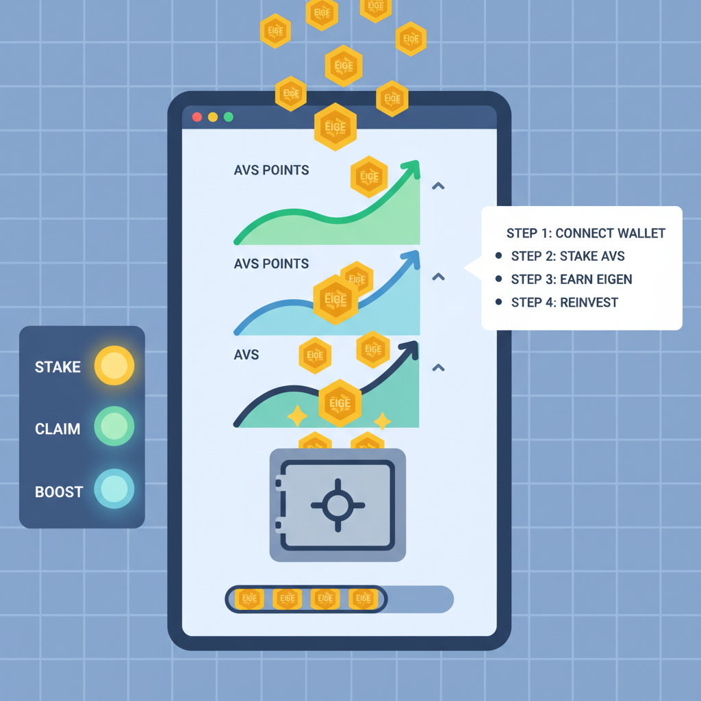 Monitoring dashboard with rising AVS points graphs, EIGEN tokens raining down
